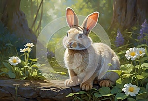 Wild cute Adorable rabbit sitting on a meadow in the forest