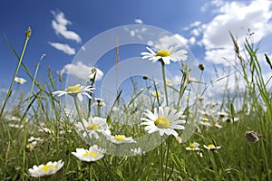 Wild daisies in the grass with a blue sky