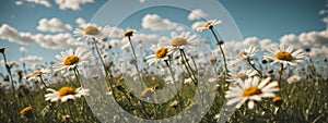 Wild daisies in the grass with a blue sky