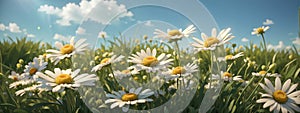 Wild daisies in the grass with a blue sky