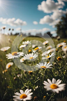 Wild daisies in the grass with a blue sky