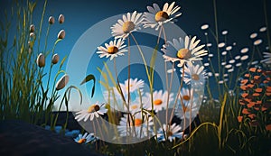 Wild Daisies In The Grass With A Blue Sky, Generative Ai