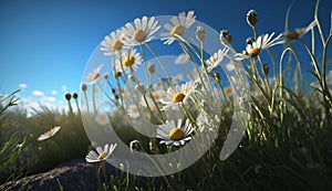 Wild Daisies In The Grass With A Blue Sky, Generative Ai