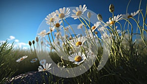 Wild Daisies In The Grass With A Blue Sky, Generative Ai