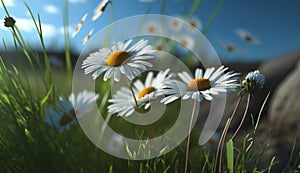 Wild Daisies In The Grass With A Blue Sky, Generative Ai