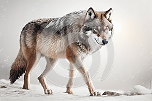 wild dangerous wolf with gray and white fur walking on snowy generative Ai