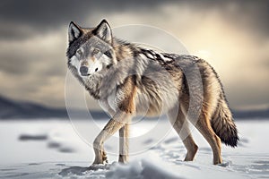 wild dangerous wolf with gray and white fur walking on snowy generative Ai