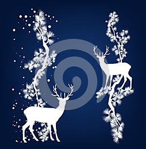 Wild deer and pine tree branches winter season vector silhouette decor set