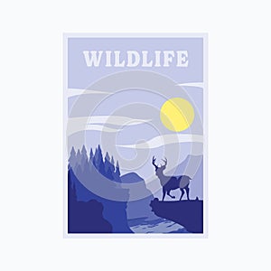 Wild deer stand on cliff with pine forest and mountain on the background vintage poster design. Wildlife adventure poster design