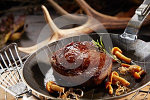 Wild deer venison steak with autumn mushrooms photo