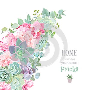 Wild desert floral vector banner stripe with succulents, echeveria, hydrangea