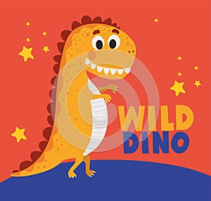 wild dino lettering and one kids illustration of a orange dinosaur