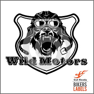 Wild dog in a motorcycle helmet - Vector Illustration in the monochrome style