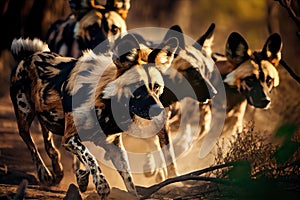 wild dogs hunting in the forest, their noses to the ground and tails wagging