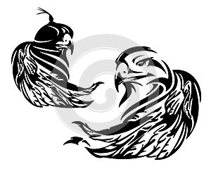Wild eagle head and wing and hunting falcon bird wearing hood black vector portrait