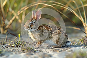 Wild Eastern Cottontail Rabbit Sitting Alert in Natural Grassland Environment during Sunset