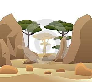 Wild empty places. African acacia. Trees green foliage. Cartoon fun style. Isolated on white background. Flat design