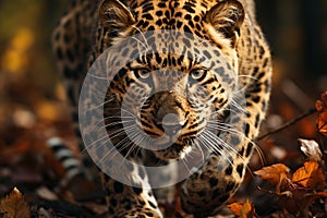 Wild encounter, close-up of a fierce leopard, hidden in the woods