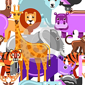 Wild exotic animals seamless pattern. Zoo or safari vector flat illustration. Multicolor cartoon cute background