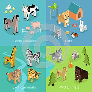 Wild Exotic and Farm Animal Set Isometric