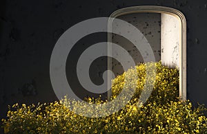 Wild field flowers fall in the room, abstract interior concept with copy space. 3d illustration