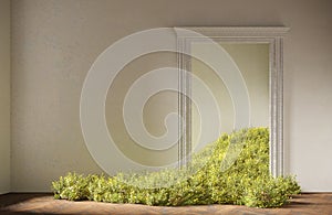 Wild field flowers fall in the room, abstract interior concept with copy space. 3d illustration