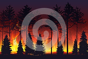 Wild fire in the night forest. Natural disaster. Wildfire. Black silhouette trees on fire realistic vector illustration.