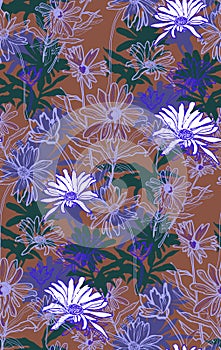 Wild floral vector seamles pattern with chamomiles flowers in brown.