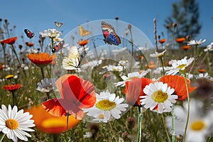 wild flower blooming field of cornflowers and daisies flowers ,poppy flowers, blue sunny sky ,butterfly and bee