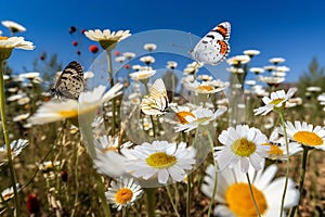 wild flower blooming field of cornflowers and daisies flowers ,poppy flowers, blue sunny sky ,butterfly and bee