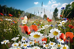 wild flower blooming field of cornflowers and daisies flowers ,poppy flowers, blue sunny sky ,butterfly and bee