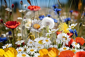 wild flower blooming field of cornflowers and daisies flowers ,poppy flowers, blue sunny sky ,butterfly and bee