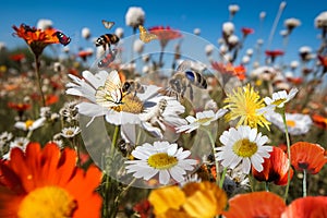 wild flower blooming field of cornflowers and daisies flowers ,poppy flowers, blue sunny sky ,butterfly and bee