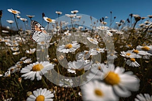 wild flower blooming field of cornflowers and daisies flowers ,poppy flowers, blue sunny sky ,butterfly and bee