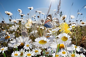 wild flower blooming field of cornflowers and daisies flowers ,poppy flowers, blue sunny sky ,butterfly and bee