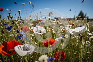 wild flower blooming field of cornflowers and daisies flowers ,poppy flowers, blue sunny sky ,butterfly and bee