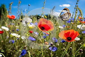 wild flower blooming field of cornflowers and daisies flowers ,poppy flowers, blue sunny sky ,butterfly and bee