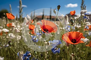 wild flower blooming field of cornflowers and daisies flowers ,poppy flowers, blue sunny sky ,butterfly and bee