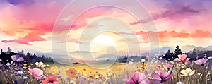 Wild flower field in summer on beautiful sunset landscape, panoramic view, illustration generative ai