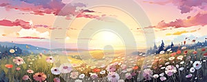 Wild flower field in summer on beautiful sunset landscape, panoramic view, illustration generative ai