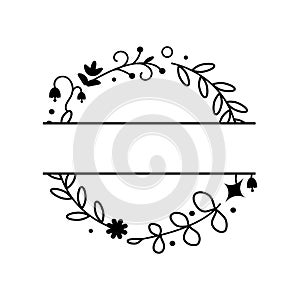 Wild Flower and leaves wreath split monogram. Floral frame with text space