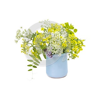 Wild flowers bouquet in the ceramic teal blue vase. Isolated on white background photo. Yellow wild honey plants