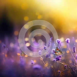 Wild flowers of clover and butterfl in a meadow in nature in the rays of sunlight in summer in the spring , lavender flowers,