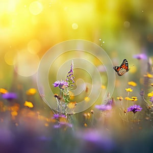 Wild flowers of clover and butterfly in a meadow in nature in the rays of sunlight in summer in the spring close-up of a macro. A