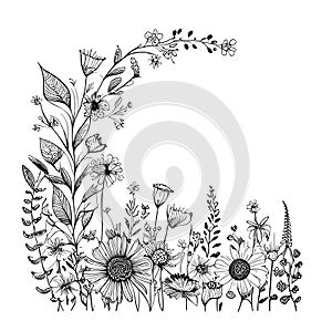 Wild flowers frame in boho style sketch hand drawn Vector illustration