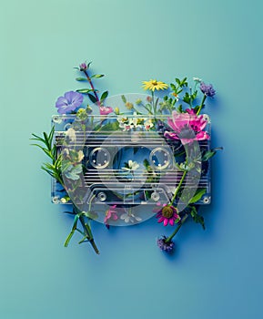 Wild flowers growing inside a vintage cassette tape.