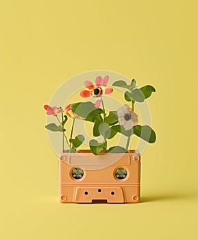 Wild flowers inside a vintage audio tape planter.