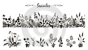 Wild flowers and leaves black silhouette, seamless brush