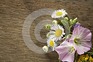 Wild flowers on old grunge wooden background (Aster amellus, Buttercup, Lucerne, Cirsium, Trifolium, convolvulus