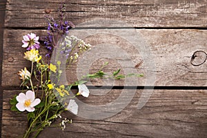 Wild flowers on old grunge wooden background chamomile lupine d